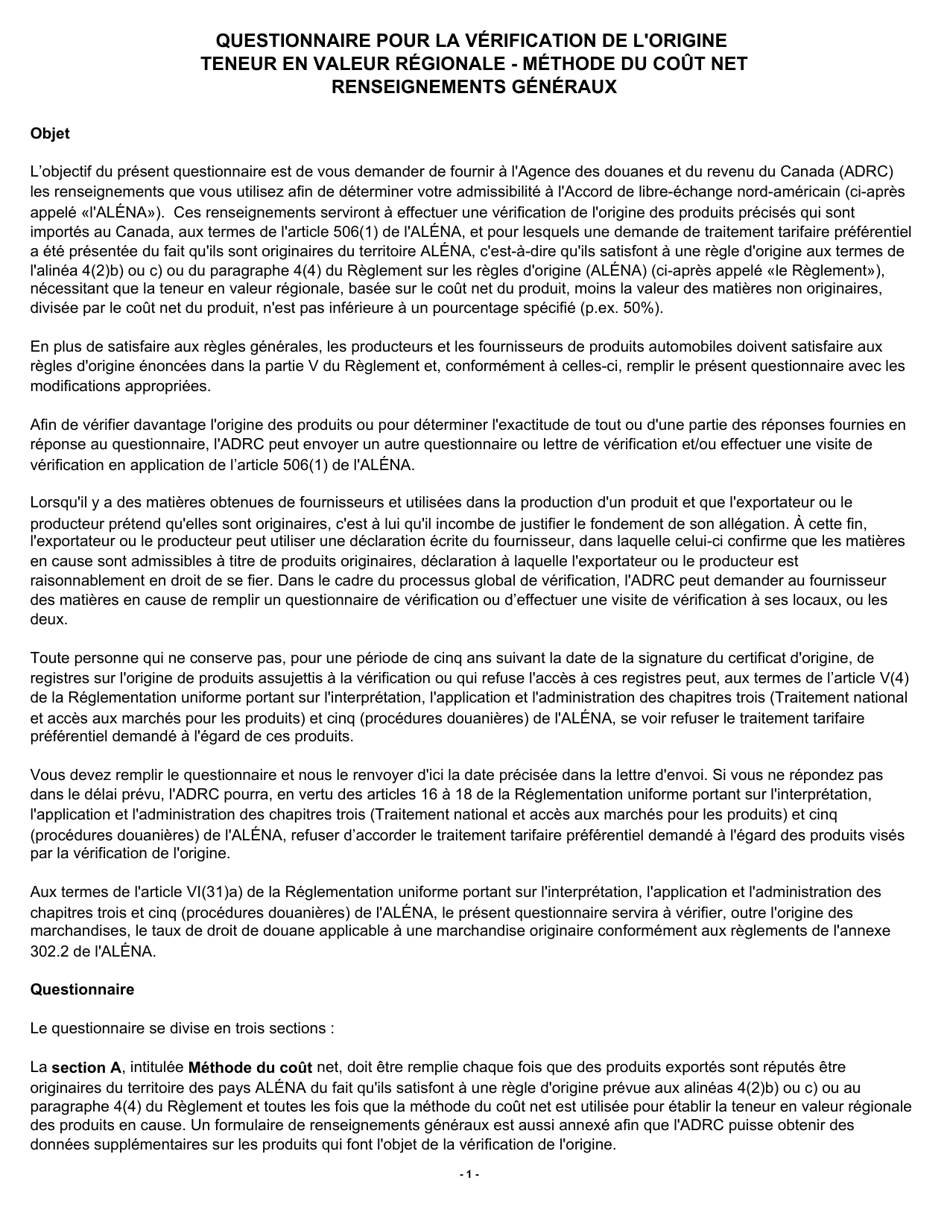 Forme B228 Accord De Libre-Echange Nord-Americain (Alena) Questionnaire Pour La Verification De Lorigine Teneur En Valeur Regionale - Methode Du Cout Net - Canada (French), Page 2