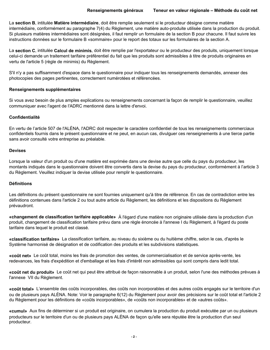 Forme B228 Accord De Libre-Echange Nord-Americain (Alena) Questionnaire Pour La Verification De Lorigine Teneur En Valeur Regionale - Methode Du Cout Net - Canada (French), Page 3
