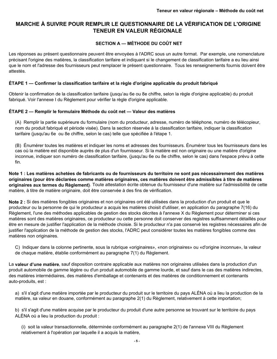 Forme B228 Accord De Libre-Echange Nord-Americain (Alena) Questionnaire Pour La Verification De Lorigine Teneur En Valeur Regionale - Methode Du Cout Net - Canada (French), Page 6