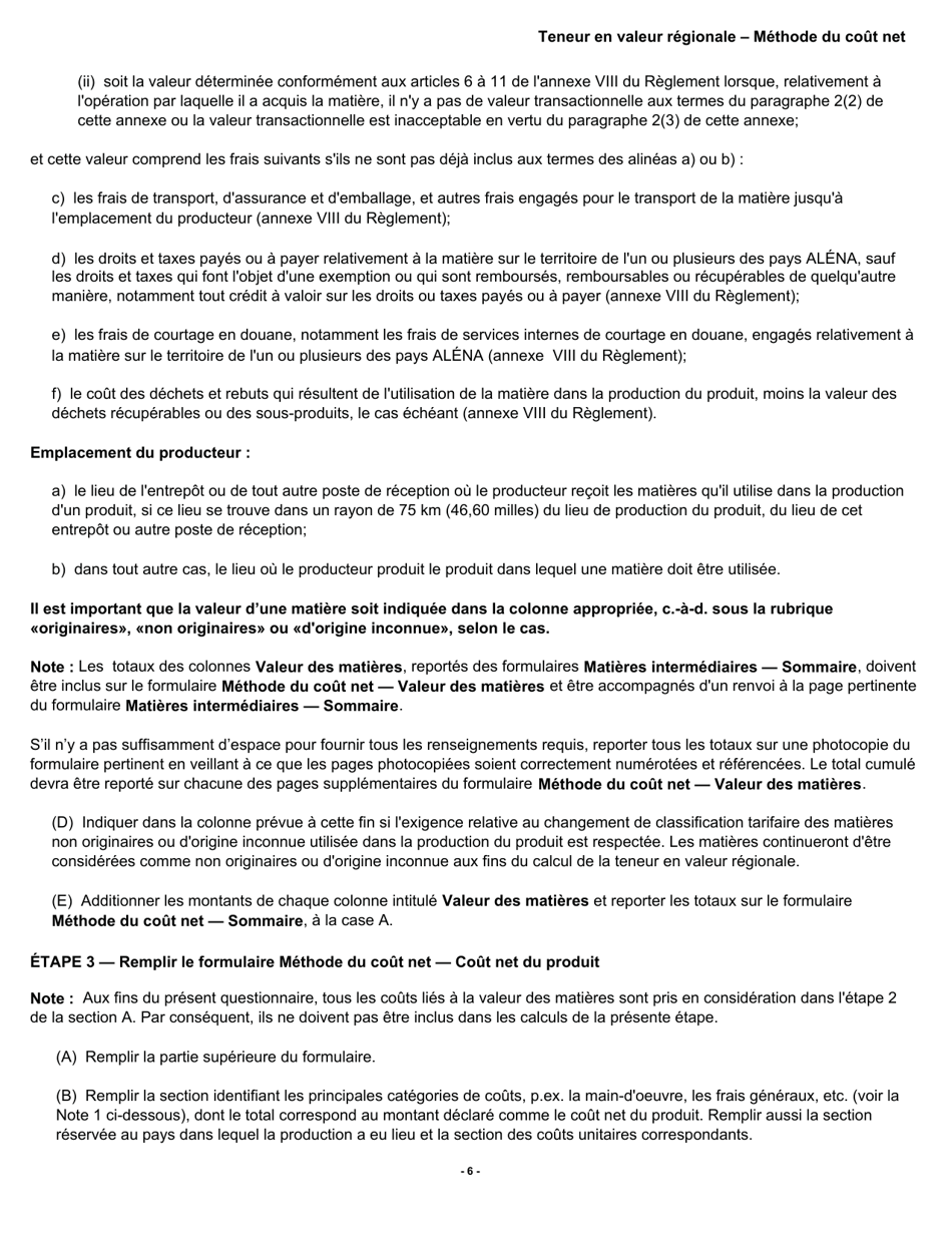Forme B228 Accord De Libre-Echange Nord-Americain (Alena) Questionnaire Pour La Verification De Lorigine Teneur En Valeur Regionale - Methode Du Cout Net - Canada (French), Page 7