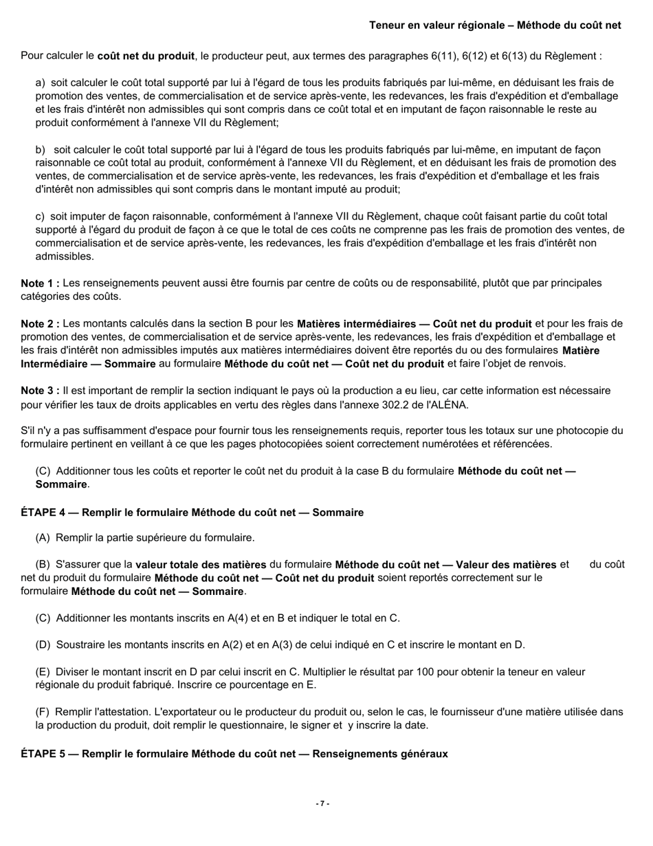 Forme B228 Accord De Libre-Echange Nord-Americain (Alena) Questionnaire Pour La Verification De Lorigine Teneur En Valeur Regionale - Methode Du Cout Net - Canada (French), Page 8