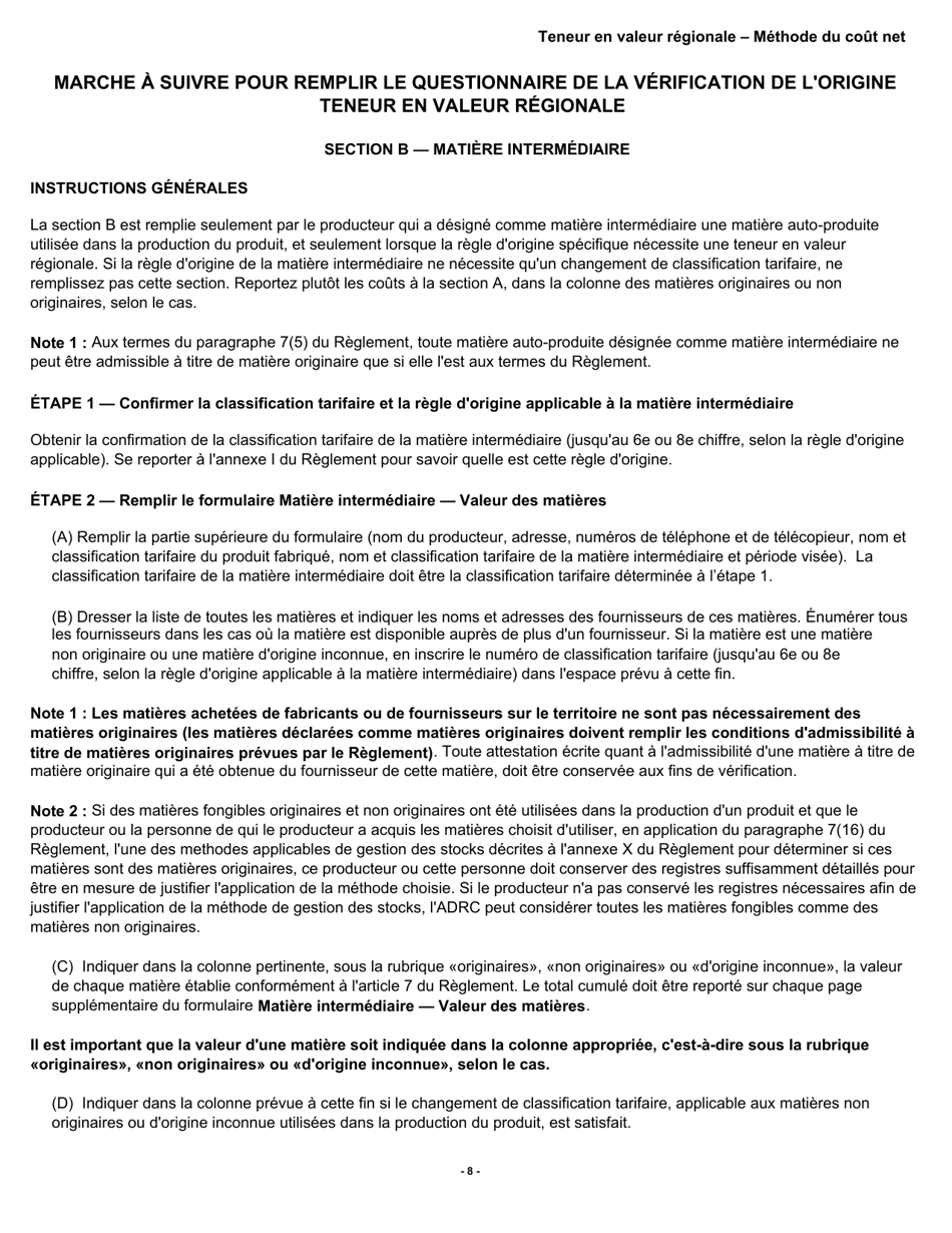 Forme B228 Accord De Libre-Echange Nord-Americain (Alena) Questionnaire Pour La Verification De Lorigine Teneur En Valeur Regionale - Methode Du Cout Net - Canada (French), Page 9