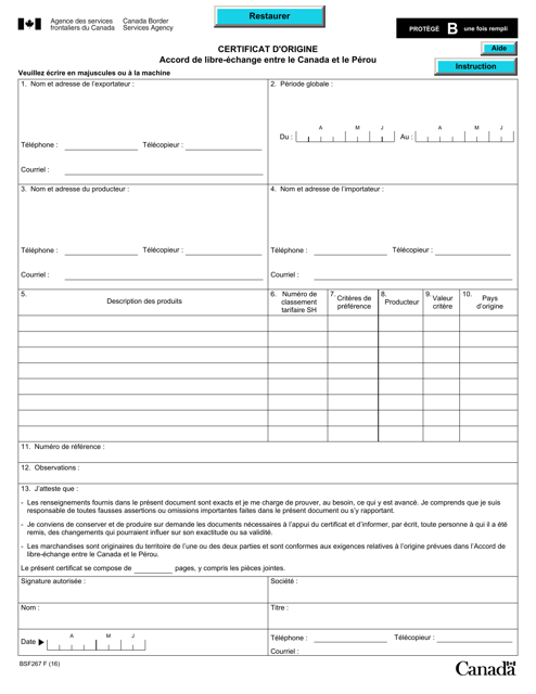 Forme BSF267 Certificat D'origine - Accord De Libre-Echange Entre Le Canada Et Le Perou - Canada (French)