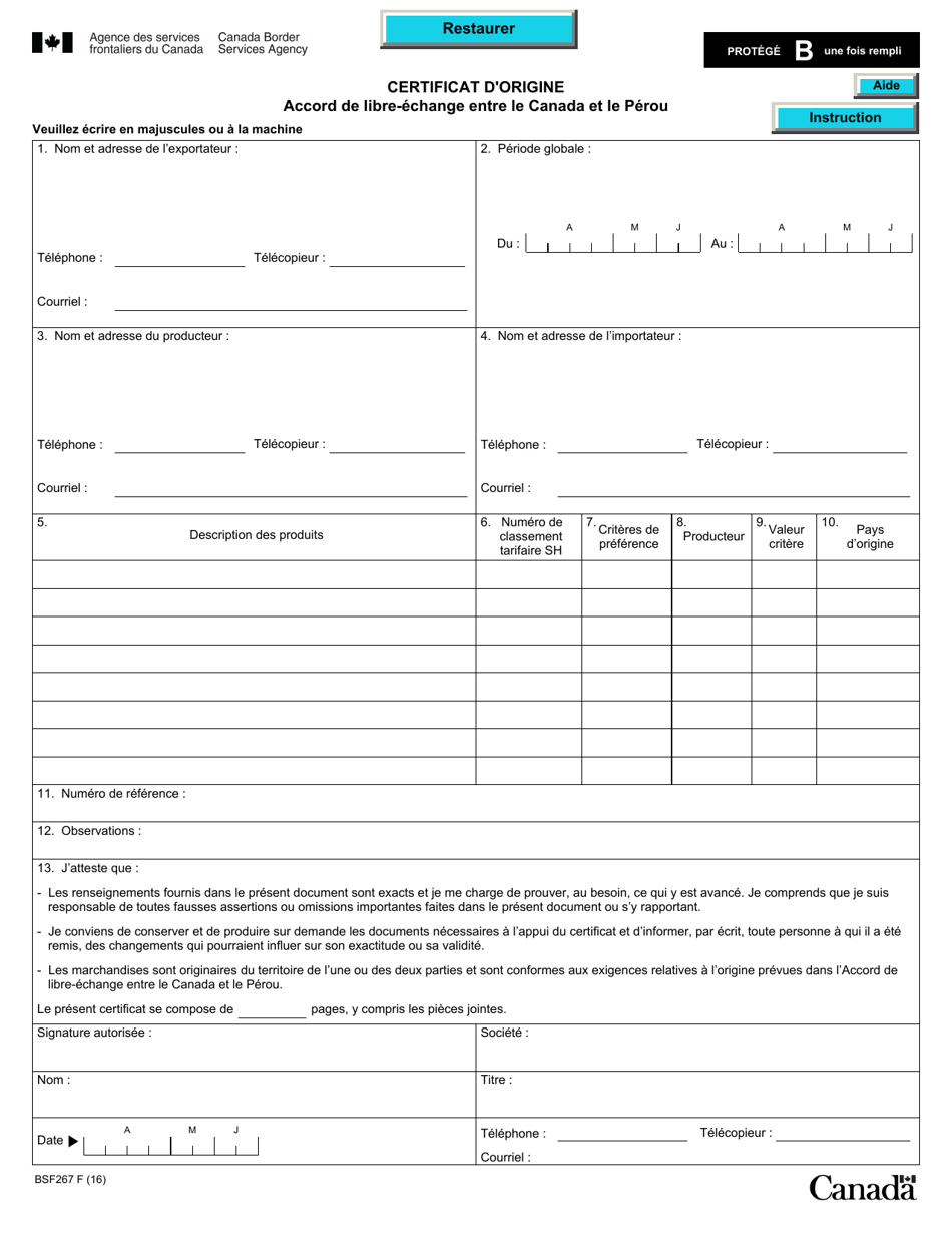 Forme BSF267 Certificat Dorigine - Accord De Libre-Echange Entre Le Canada Et Le Perou - Canada (French), Page 1
