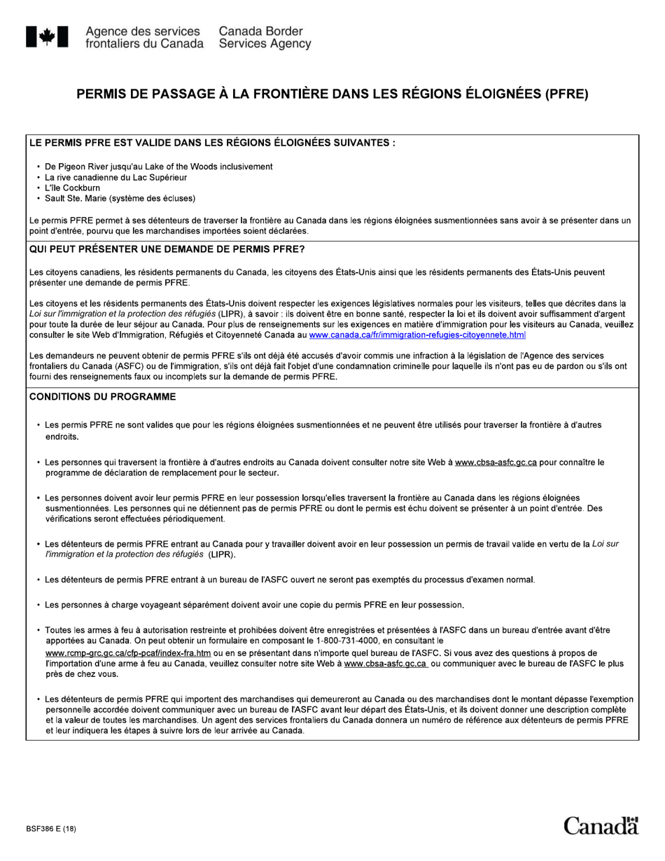 Forme BSF386 Demande De Permis De Passage a La Frontiere Dans Les Region Eloigneees (Pfre) - Canada (French), Page 1