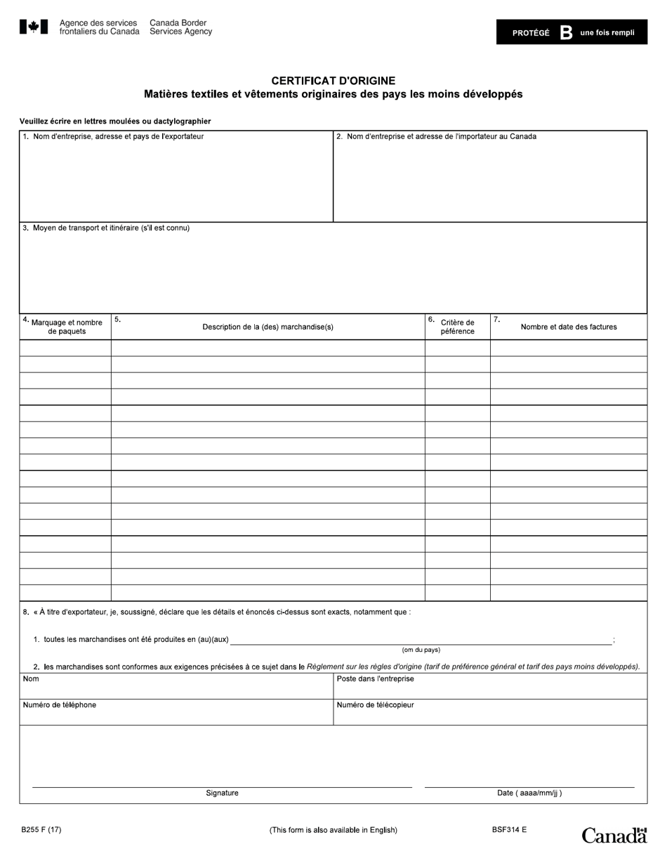 Forme B255 Certificat Dorigine - Matieres Textiles Et Vetements Originaires DES Pays Les Moins Developpes - Canada (French), Page 1