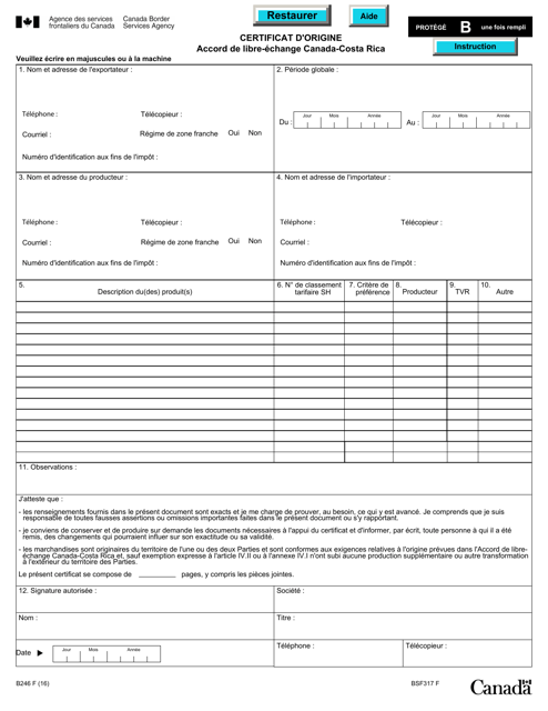 Forme B246 Certificat D'origine - Accord De Libre-Echange Canada-Costa Rica - Canada (French)