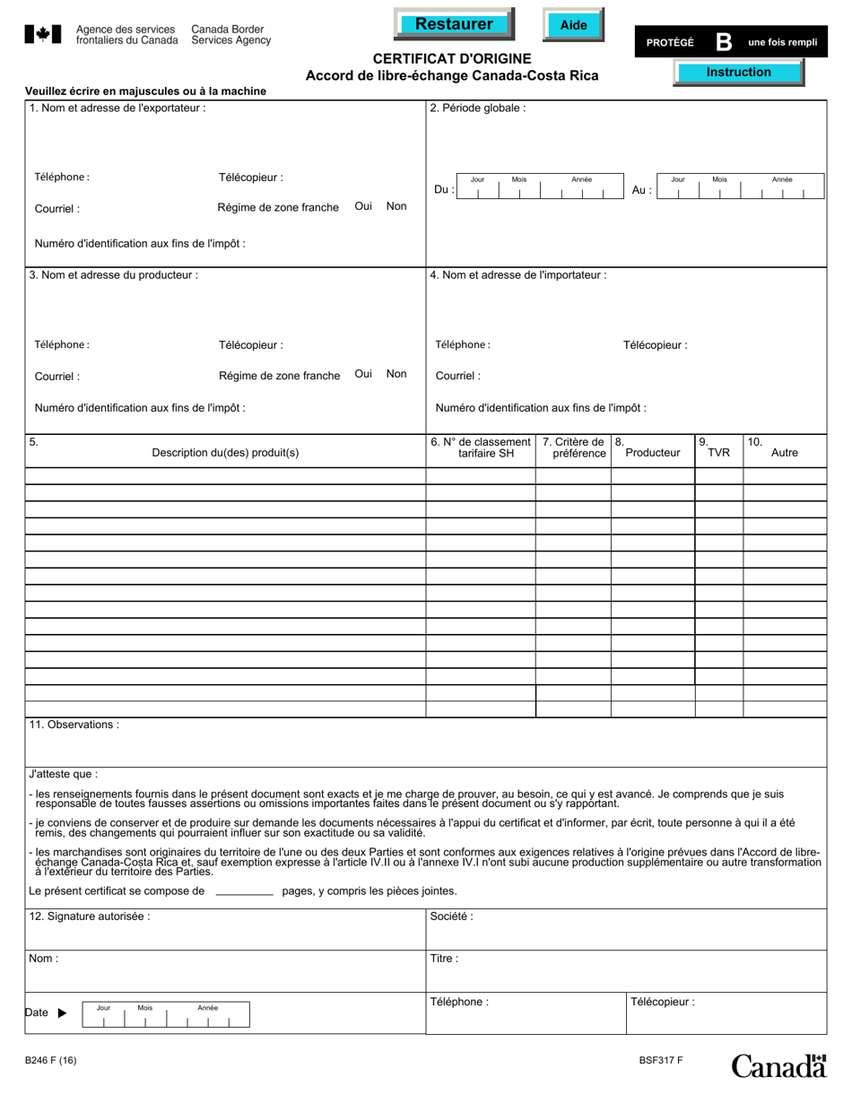 Forme B246 Certificat Dorigine - Accord De Libre-Echange Canada-Costa Rica - Canada (French), Page 1