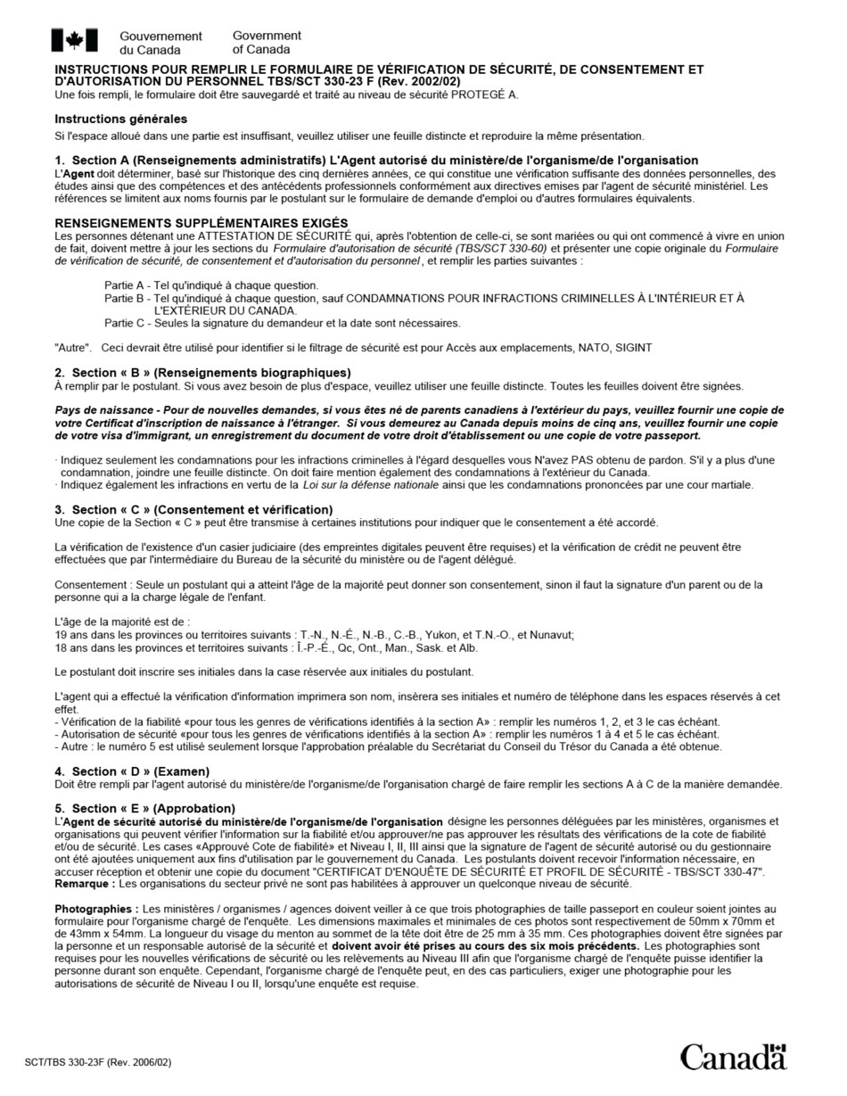 Forme SCT / TBS330-23 Formulaire De Verification De Securite De Consentement Et Dautorisation Du Personnel - Canada (French), Page 3