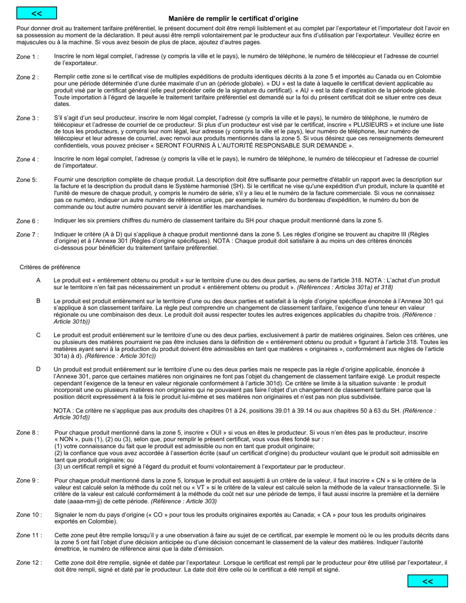 Forme BSF459 Certificat Dorigine - Accord De Libre-Echange Entre Le Canada Et La Colombie - Canada (French), Page 2