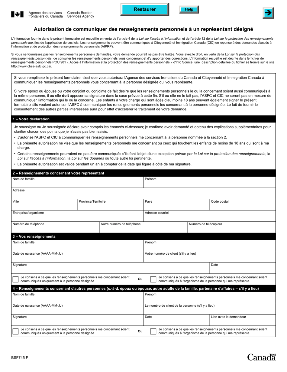 Forme BSF745 Autorisation De Communiquer DES Renseignements Personnels a Un Representant Designe - Canada (French), Page 1