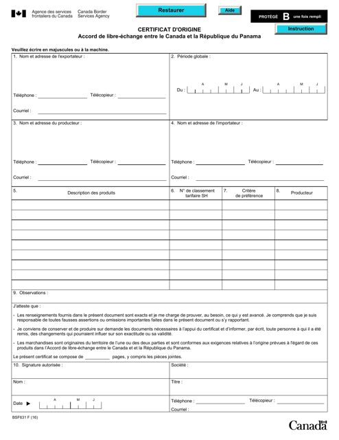 Forme BSF631 Certificat D'origine - Accord De Libre-Echange Entre Le Canada Et La Republique Du Panama - Canada (French)