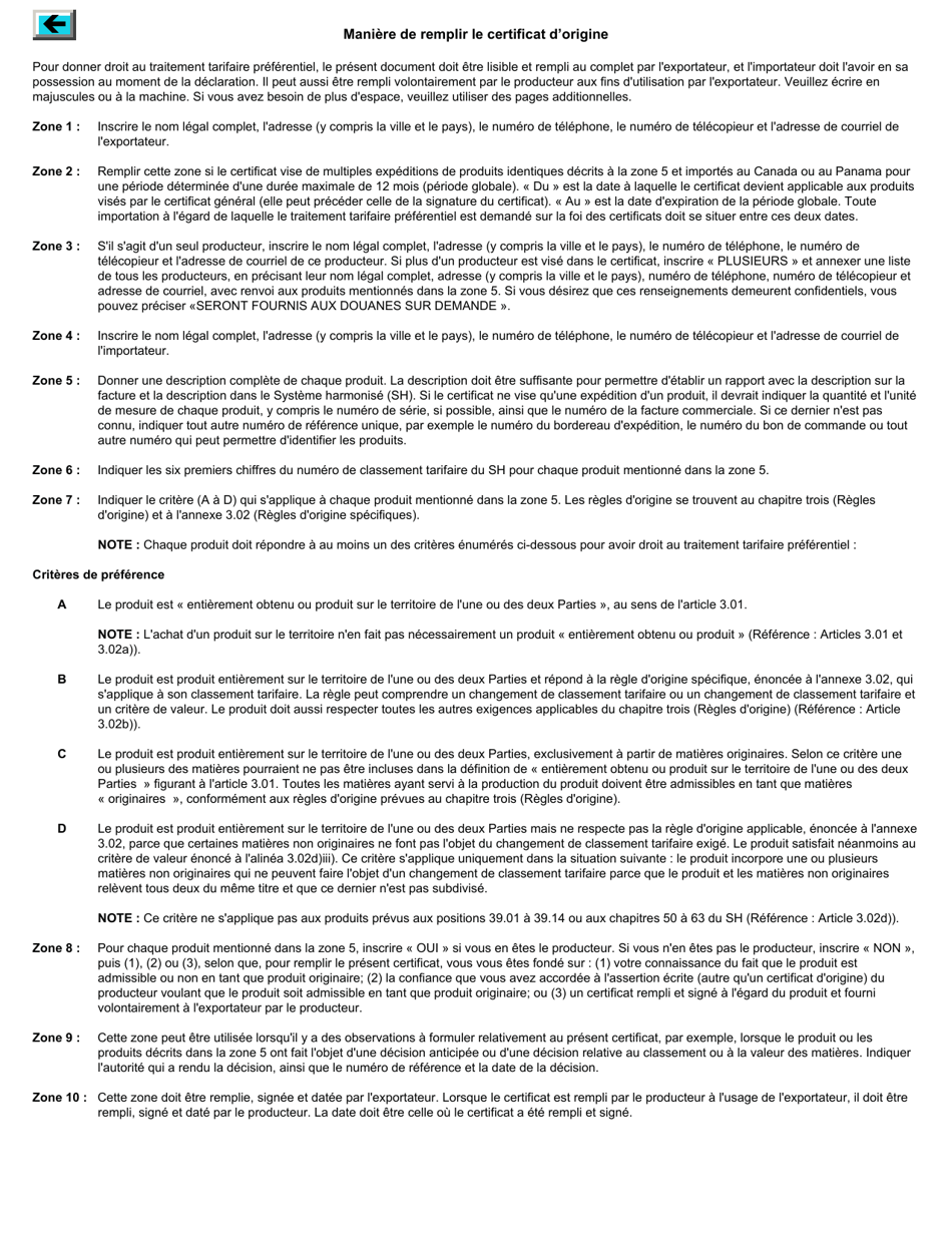 Forme BSF631 Certificat Dorigine - Accord De Libre-Echange Entre Le Canada Et La Republique Du Panama - Canada (French), Page 2