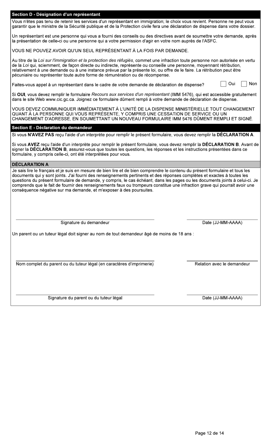 Forme BSF766 Demande De Declaration De Dispense Visee Au Paragraphe 42.1(1) De La Loi Sur Limmigration Et La Protection DES Refugies (Lipr) - Canada (French), Page 12