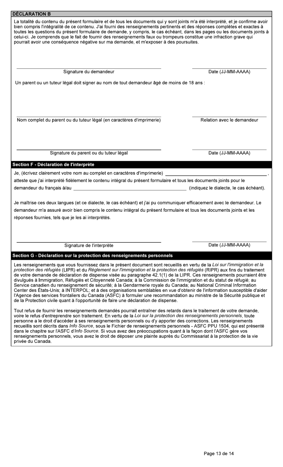 Forme BSF766 Demande De Declaration De Dispense Visee Au Paragraphe 42.1(1) De La Loi Sur Limmigration Et La Protection DES Refugies (Lipr) - Canada (French), Page 13