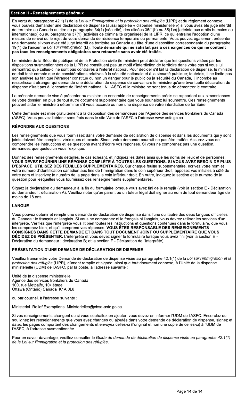 Forme BSF766 Demande De Declaration De Dispense Visee Au Paragraphe 42.1(1) De La Loi Sur Limmigration Et La Protection DES Refugies (Lipr) - Canada (French), Page 14