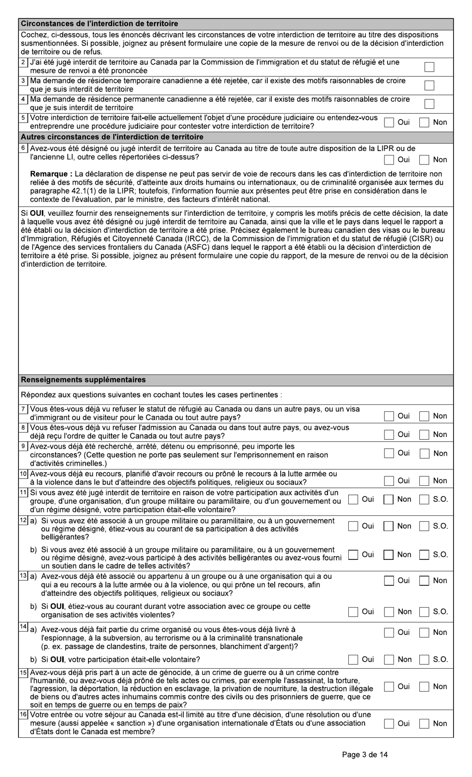 Forme BSF766 Demande De Declaration De Dispense Visee Au Paragraphe 42.1(1) De La Loi Sur Limmigration Et La Protection DES Refugies (Lipr) - Canada (French), Page 3