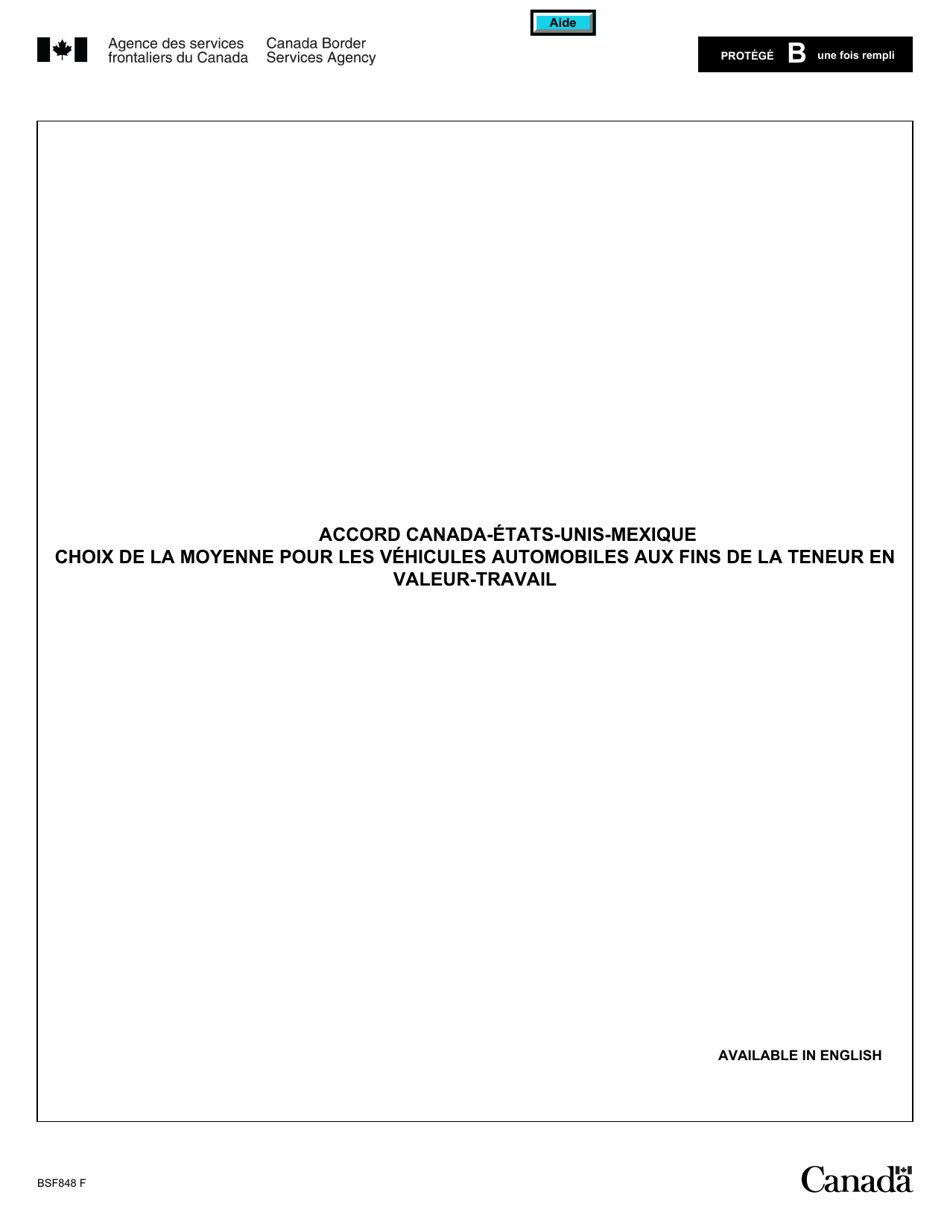 Forme BSF848 Accord Canada-Etats-Unis-Mexique Choix De La Moyenne Pour Les Vehicules Automobiles Aux Fins De La Teneur En Valeur-Travail - Canada (French), Page 1