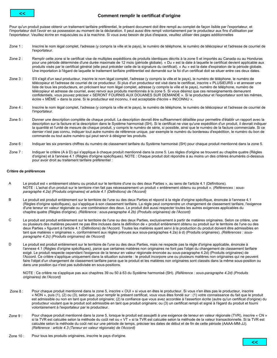 Forme BSF747 Certificat Dorigine - Accord De Libre-Echange Entre Le Canada Et La Republique Du Honduras - Canada (French), Page 2