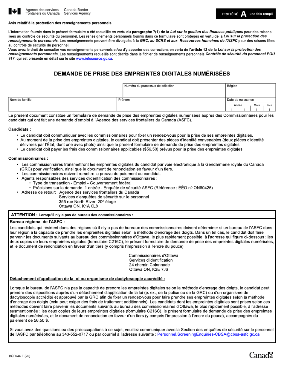 Forme BSF644 Demande De Prise DES Empreintes Digitales Numerisees - Canada (French), Page 1