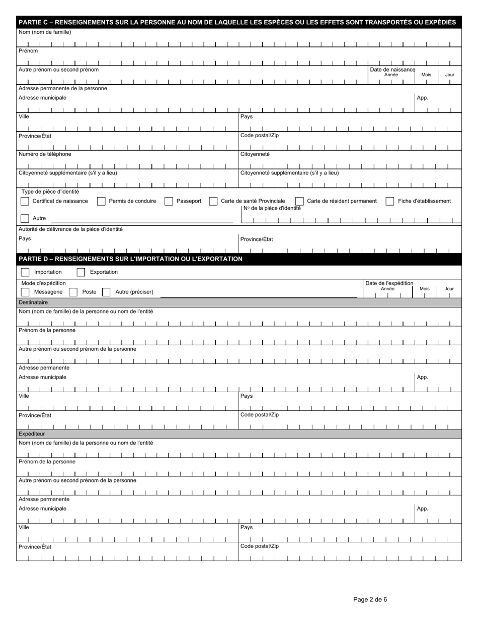 Forme E667 Declaration Sur Les Mouvements Transfrontaliers Despeces Ou Deffets - Generale - Canada (French), Page 2