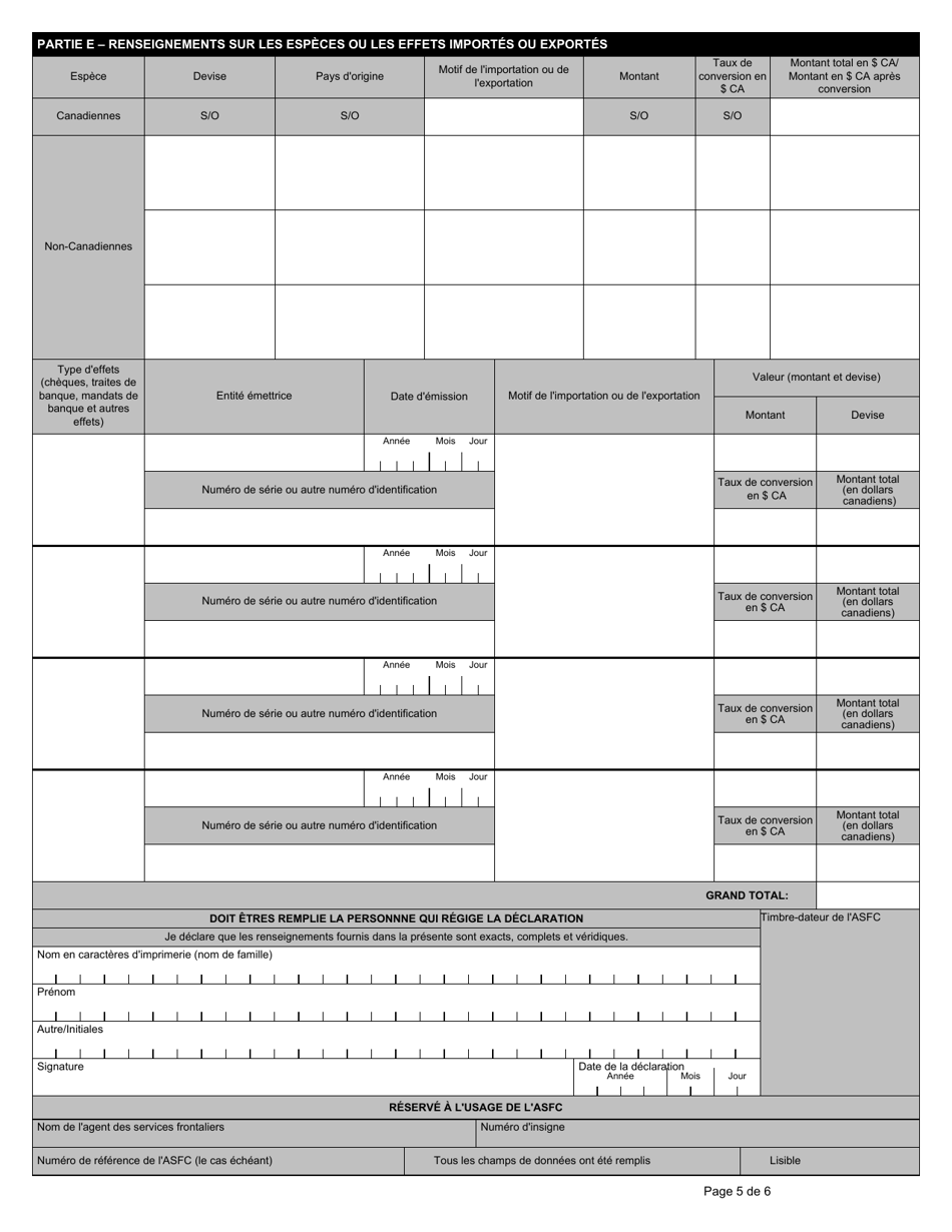 Forme E667 Declaration Sur Les Mouvements Transfrontaliers Despeces Ou Deffets - Generale - Canada (French), Page 5