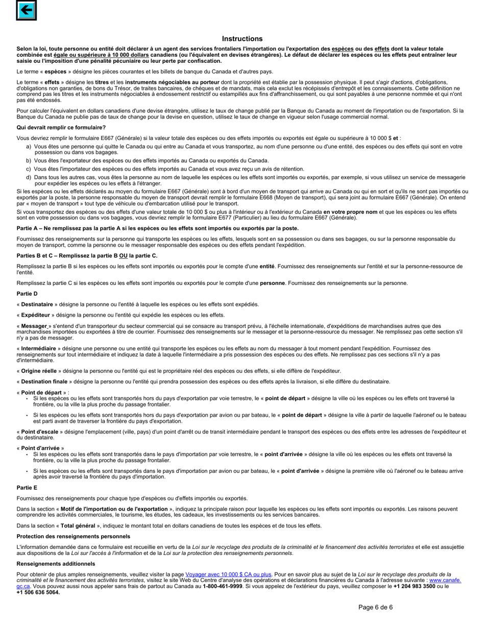 Forme E667 Declaration Sur Les Mouvements Transfrontaliers Despeces Ou Deffets - Generale - Canada (French), Page 6