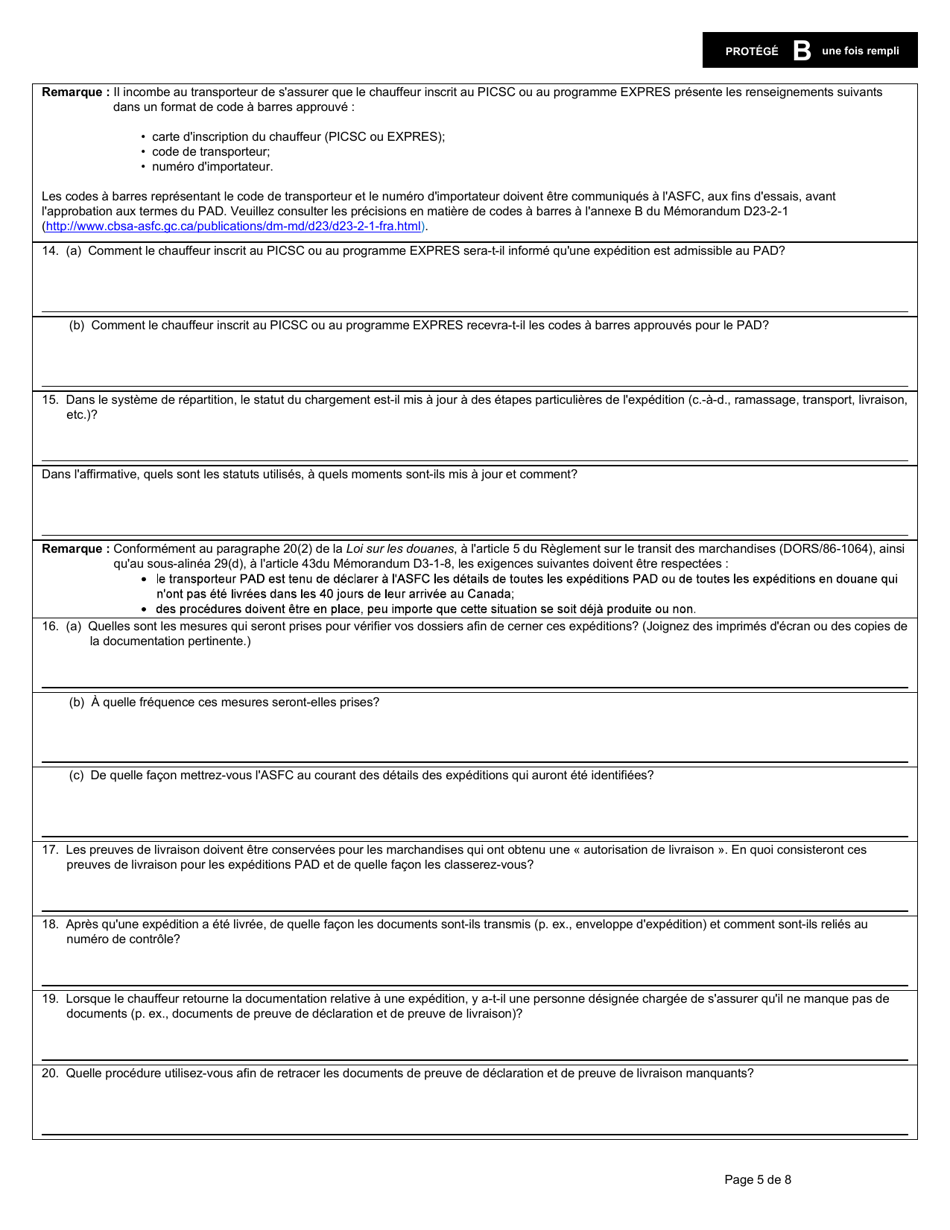 Forme E656 Partie II Programme Dautocotisation DES Douanes Demande De Participation Du Transporteur - Canada (French), Page 5