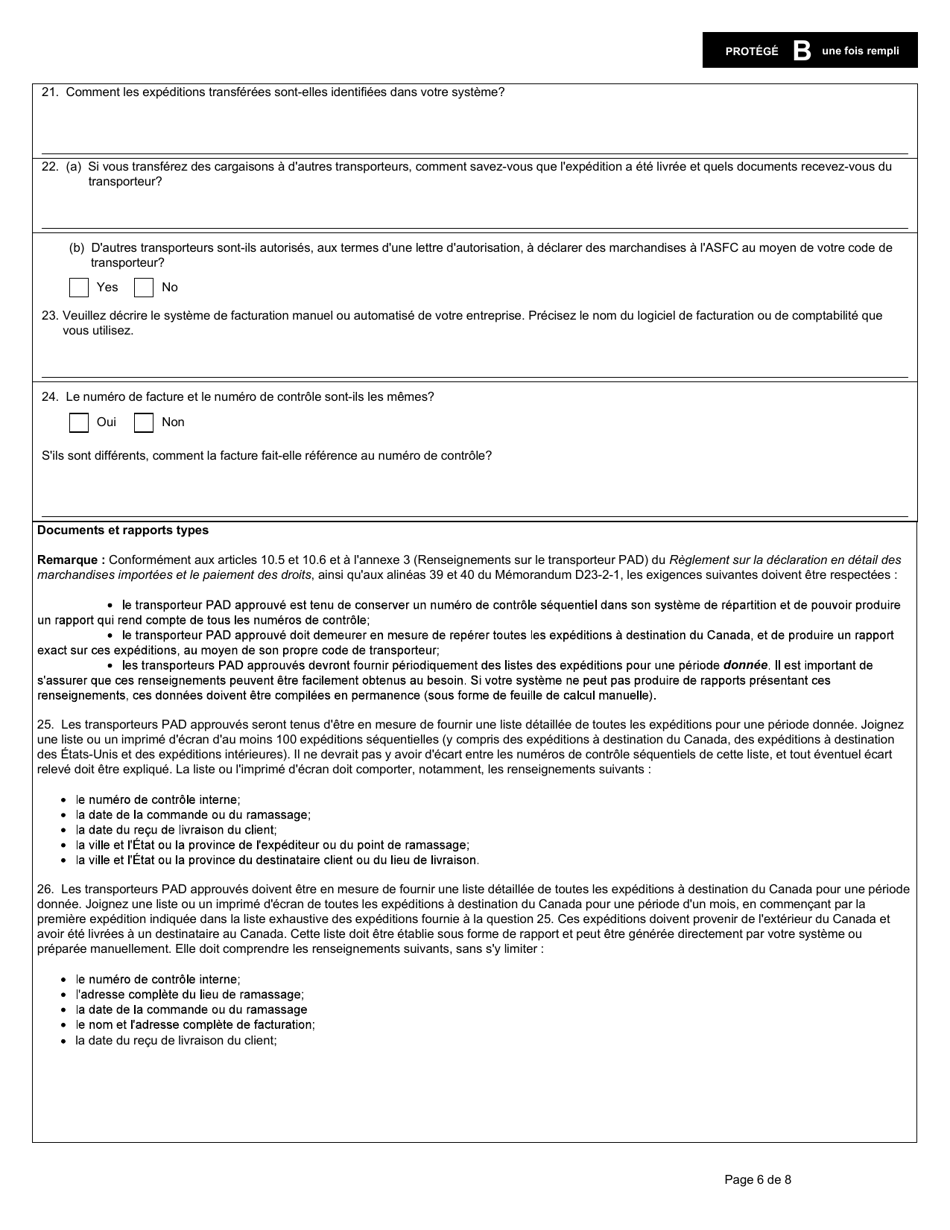 Forme E656 Partie II Programme Dautocotisation DES Douanes Demande De Participation Du Transporteur - Canada (French), Page 6