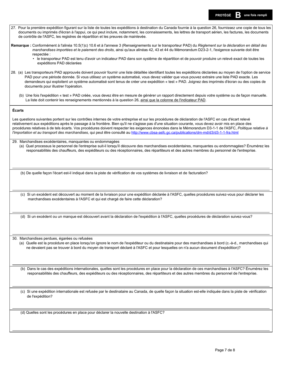 Forme E656 Partie II Programme Dautocotisation DES Douanes Demande De Participation Du Transporteur - Canada (French), Page 7