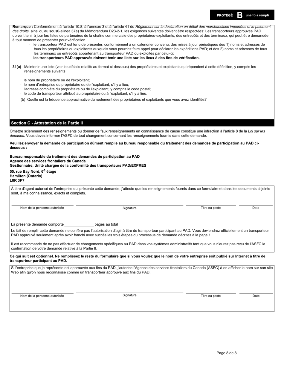 Forme E656 Partie II Programme Dautocotisation DES Douanes Demande De Participation Du Transporteur - Canada (French), Page 8