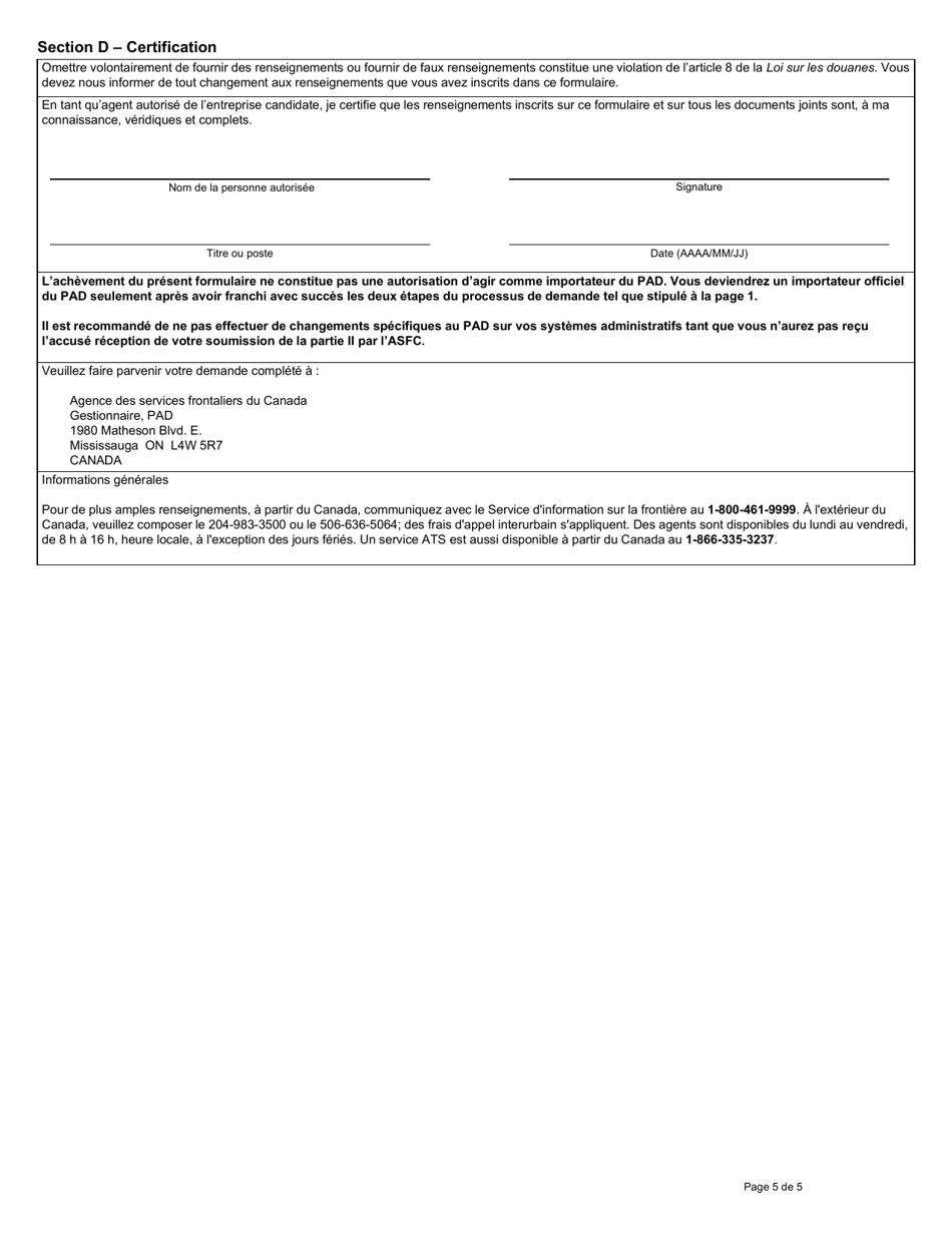 Forme E646 Partie I Programme Dautocotisation DES Douanes - Demande De Participation DES Importateurs - Canada (French), Page 5