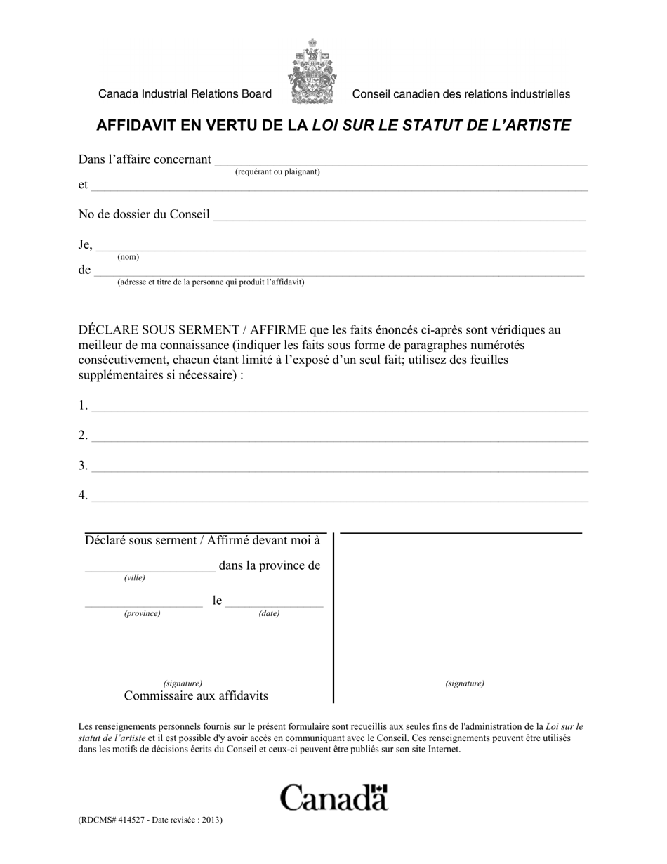 Forme RDCMS414527 Affidavit En Vertu De La Loi Sur Le Statut De Lartiste - Canada (French), Page 1