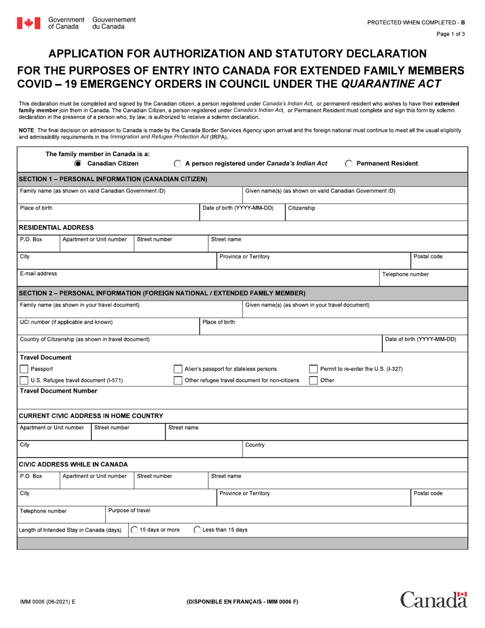 Form IMM0006 Application for Authorization and Statutory Declaration (Extended Family Members) - Canada, Page 1