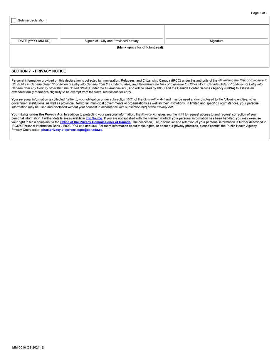 Form IMM0016 Application for Authorization and Statutory Declaration for the Parent of a Minor for the Purposes of Entry Into Canada for Extended Family Members Covid-19 Emergency Orders in Council Under the Quarantine Act - Canada, Page 3