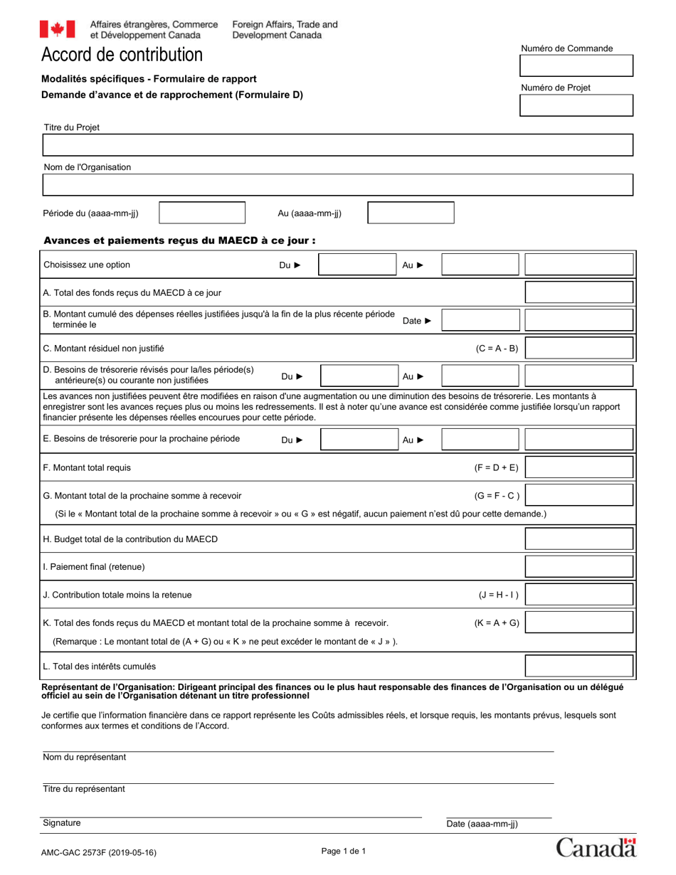 Form D (AMC-GAC2573) Demande Davance Et De Rapprochement - Canada (English / French), Page 1