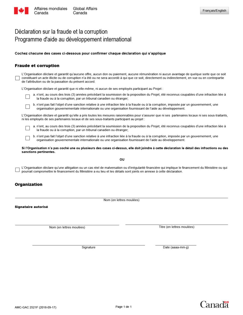 Forme AMC-GAC2521F Declaration Sur La Fraude Et La Corruption - Canada (French), Page 1