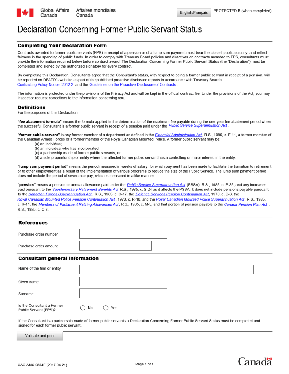 Form GAC-AMC2554 Declaration Concerning Former Public Servant Status - Canada (English/French), Page 1