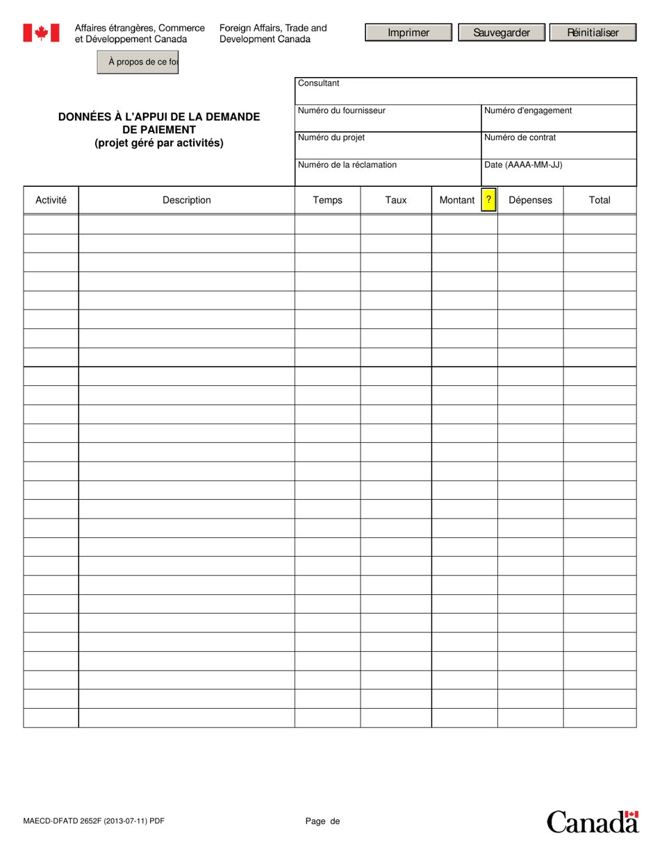 Forme MAECD-DFATD2652F Donnees a Lappui De La Demande De Paiement (Projet Gere Par Activites) - Canada (French), Page 1