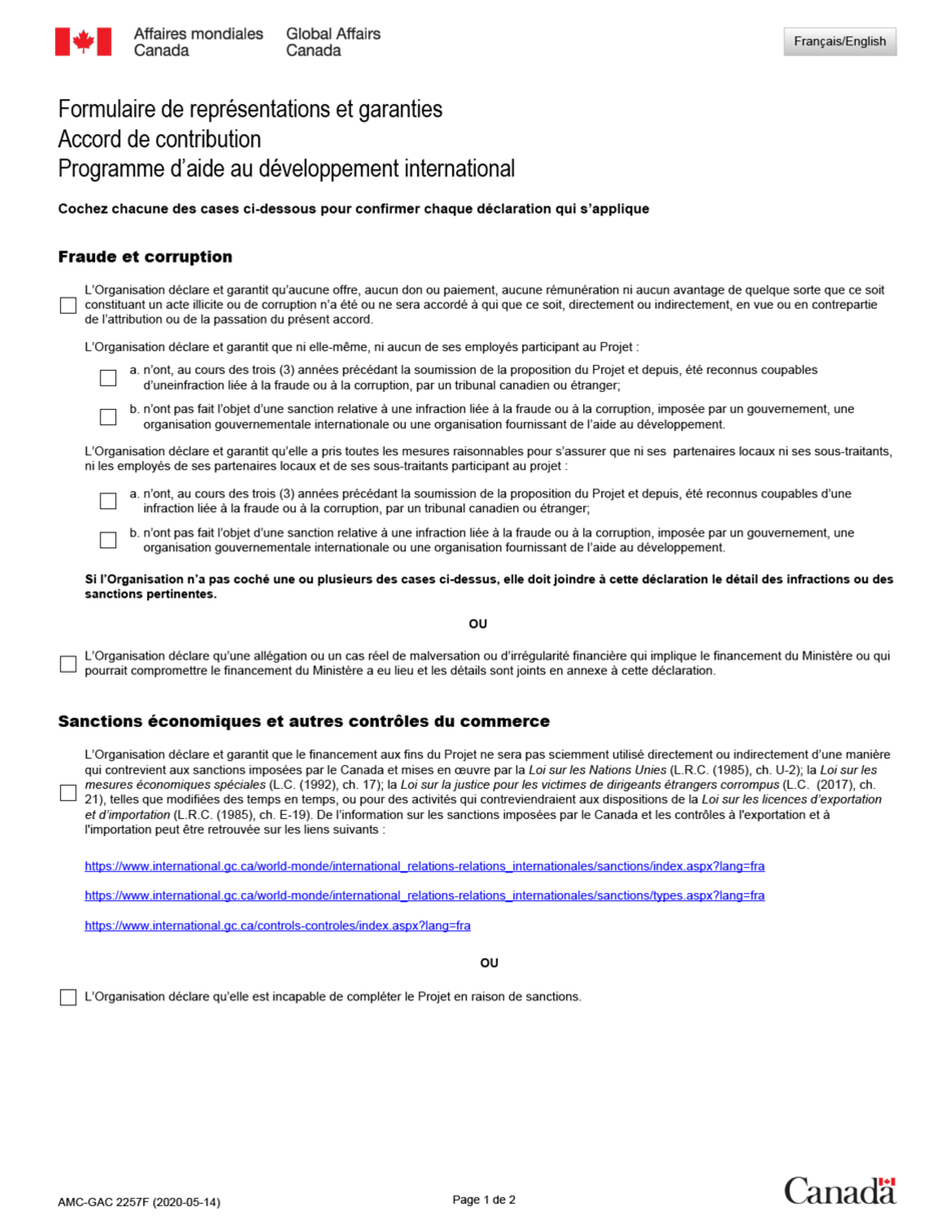 Forme AMC-GAC2257F Formulaire De Declarations Et Garanties - Accord De Contribution - Canada (French), Page 1