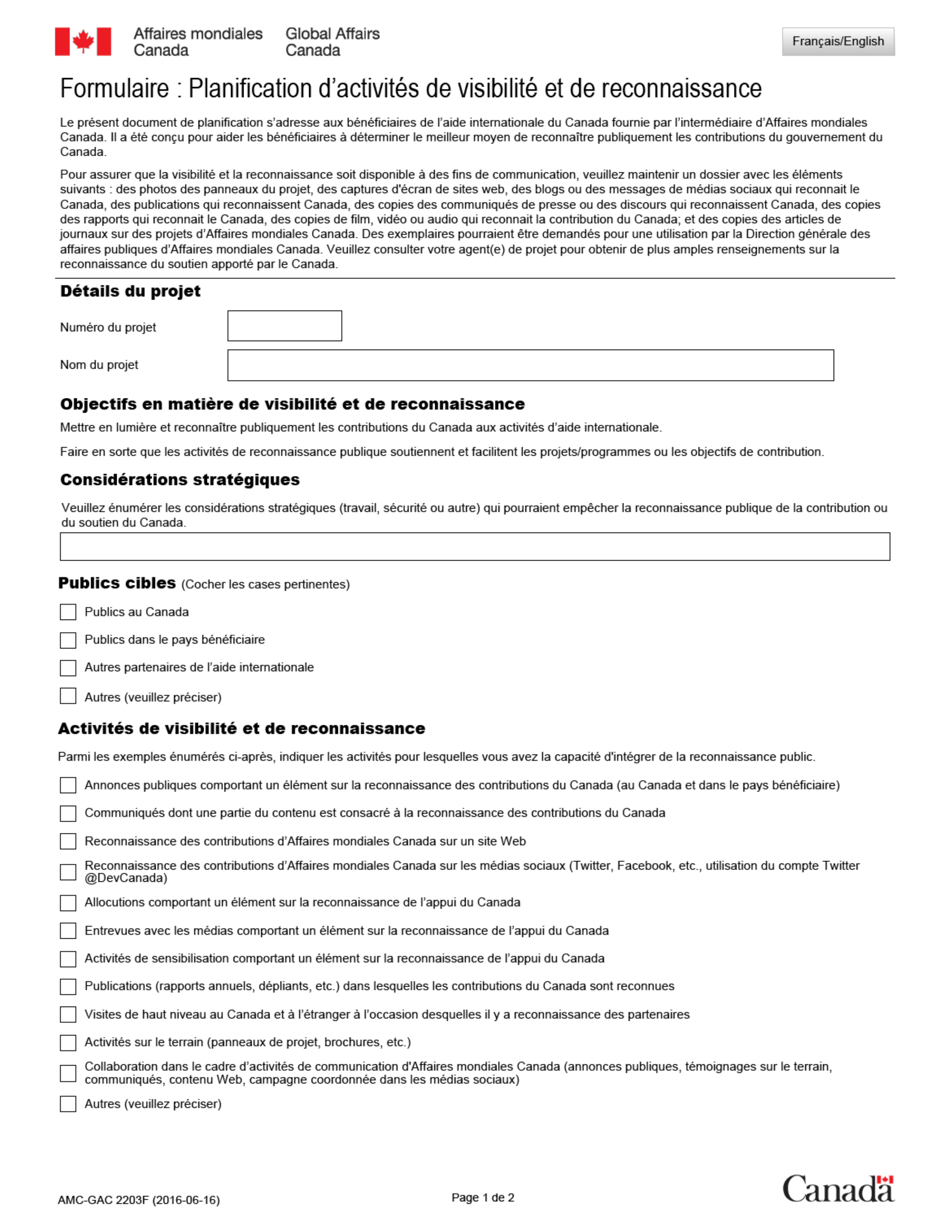 Forme AMC-GAC2203F Formulaire: Planification Dactivites De Visibilite Et De Reconnaissance - Canada (French), Page 1