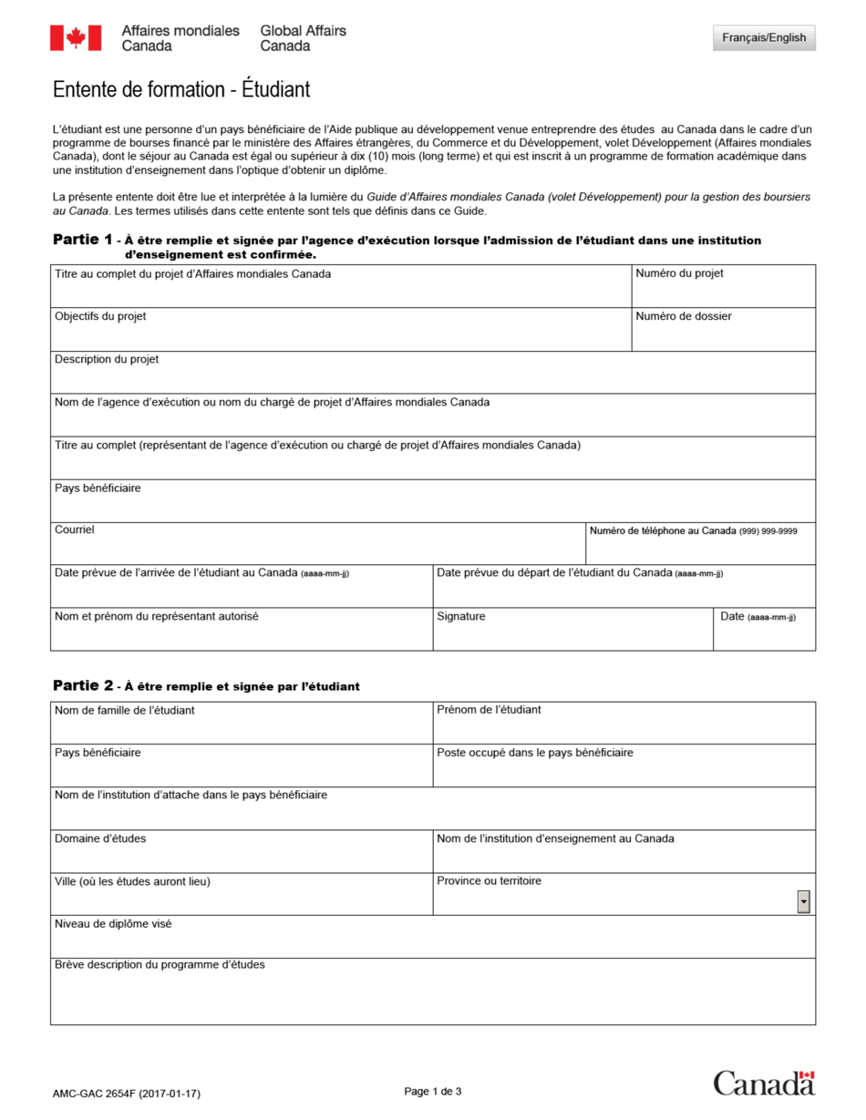 Forme AMC-GAC2654F Entente De Formation - Etudiant - Canada (French), Page 1