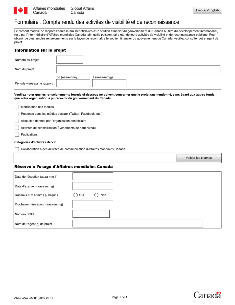 Forme AMC-GAC2204F Formulaire: Compte Rendu DES Activites De Visibilite Et De Reconnaissance - Canada (French), Page 1