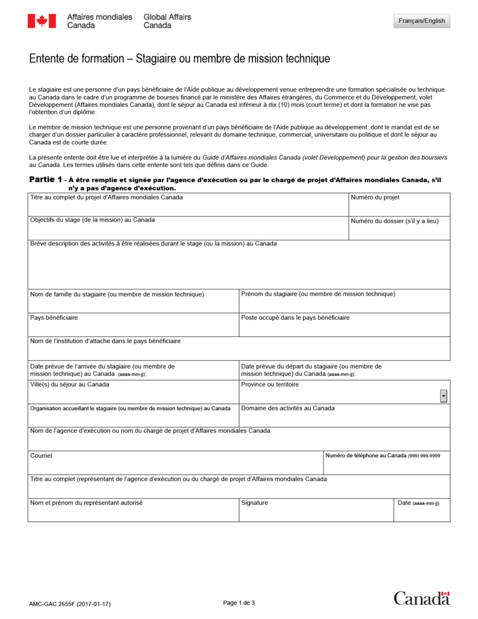 Forme AMC-GAC2655F Entente De Formation - Stagiaire Ou Membre De Mission Technique - Canada (French), Page 1