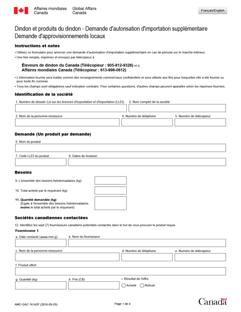 Forme EXT1614-2F Dindon Et Produits Du Dindon - Demande D'autorisation D'importation Supplementaire - Demande D'approvisionnements Locaux - Canada (French)