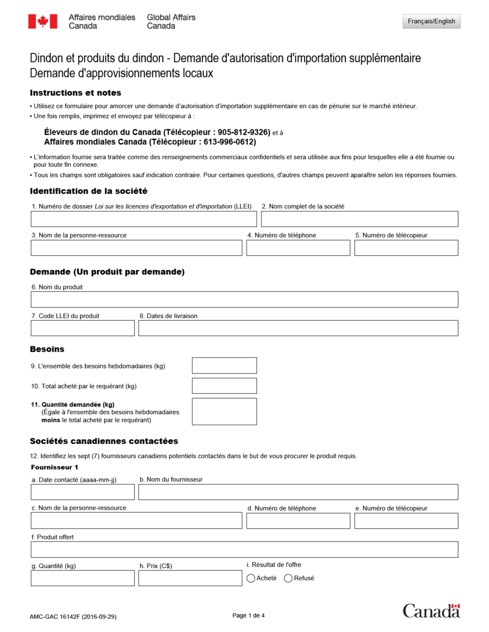 Forme EXT1614-2F Dindon Et Produits Du Dindon - Demande Dautorisation Dimportation Supplementaire - Demande Dapprovisionnements Locaux - Canada (French), Page 1