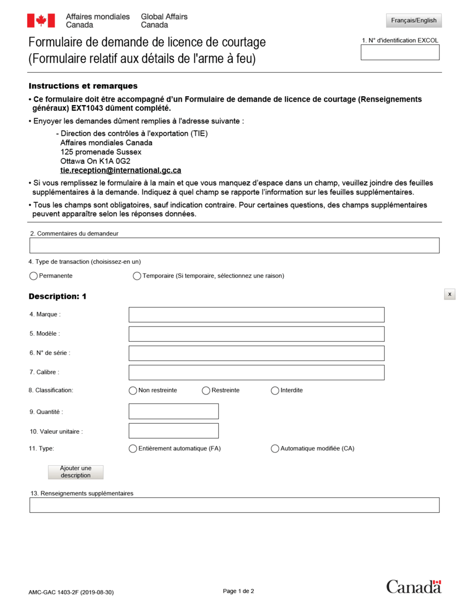 Forme EXT1403-2 Formulaire De Demande De Licence De Courtage (Formulaire Relatif Aux Details De Larme a Feu) - Canada (French), Page 1