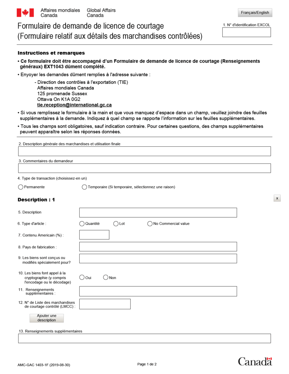 Forme EXT1403-1 Formulaire De Demande De Licence De Courtage (Formulaire Relatif Aux Details DES Marchandises Controlees) - Canada (French), Page 1