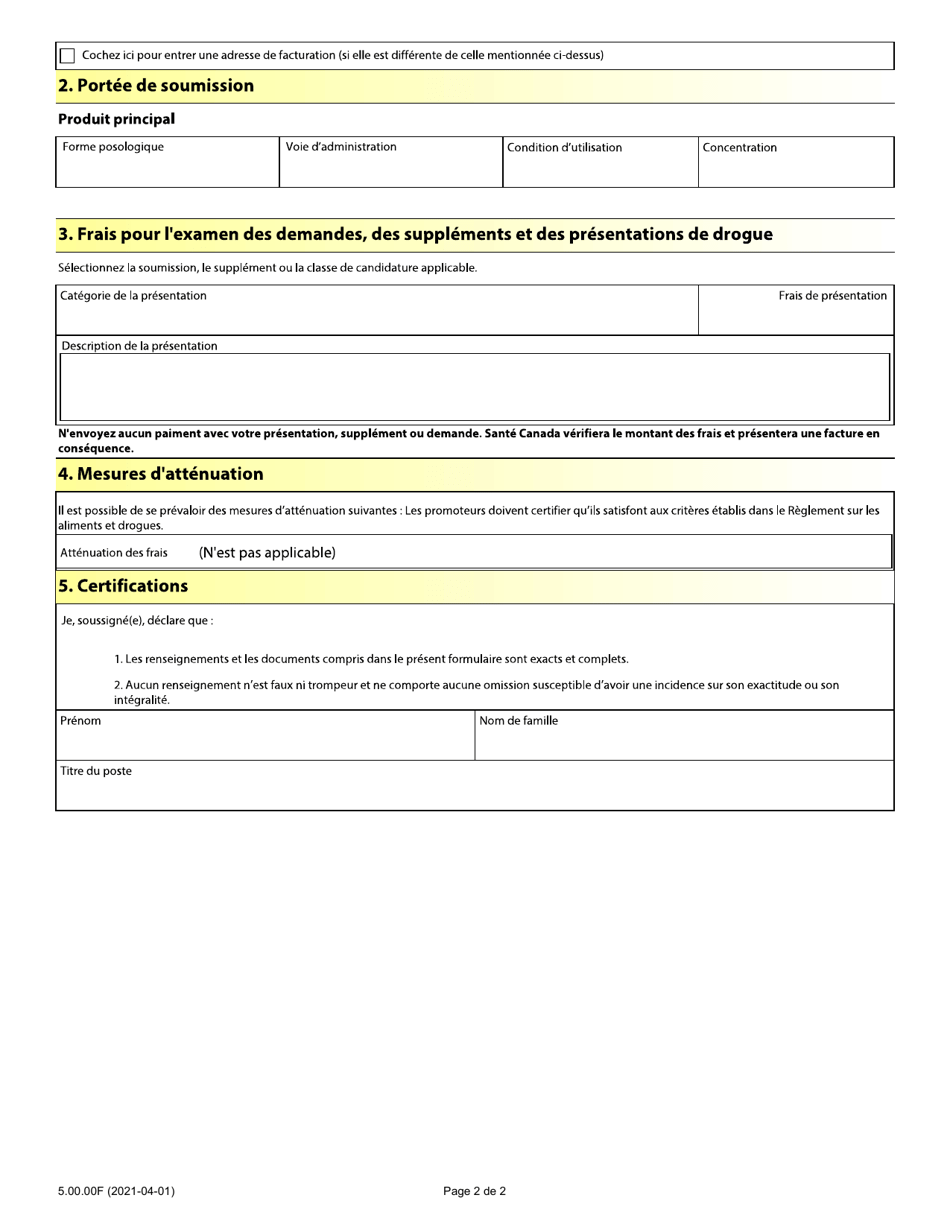 Formulaire Concernant Les Frais De Presentation Et De Demande De Medicaments Destines a Usage Humain Et Les Desinfectants Assimiles Aux Drogues - Canada (French), Page 2