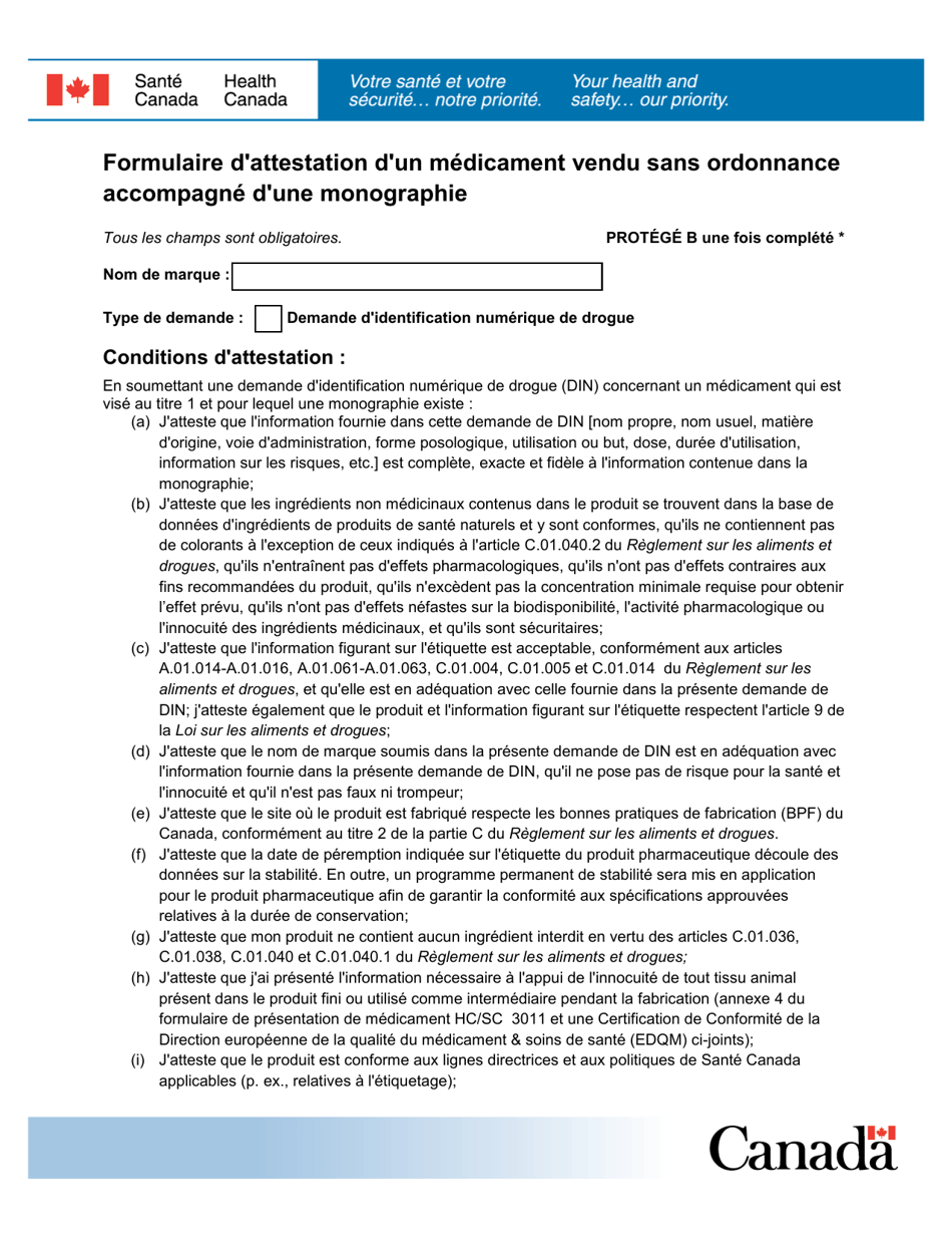 Formulaire Dattestation Dun Medicament Vendu Sans Ordonnance Accompagne Dune Monographie - Canada (French), Page 1